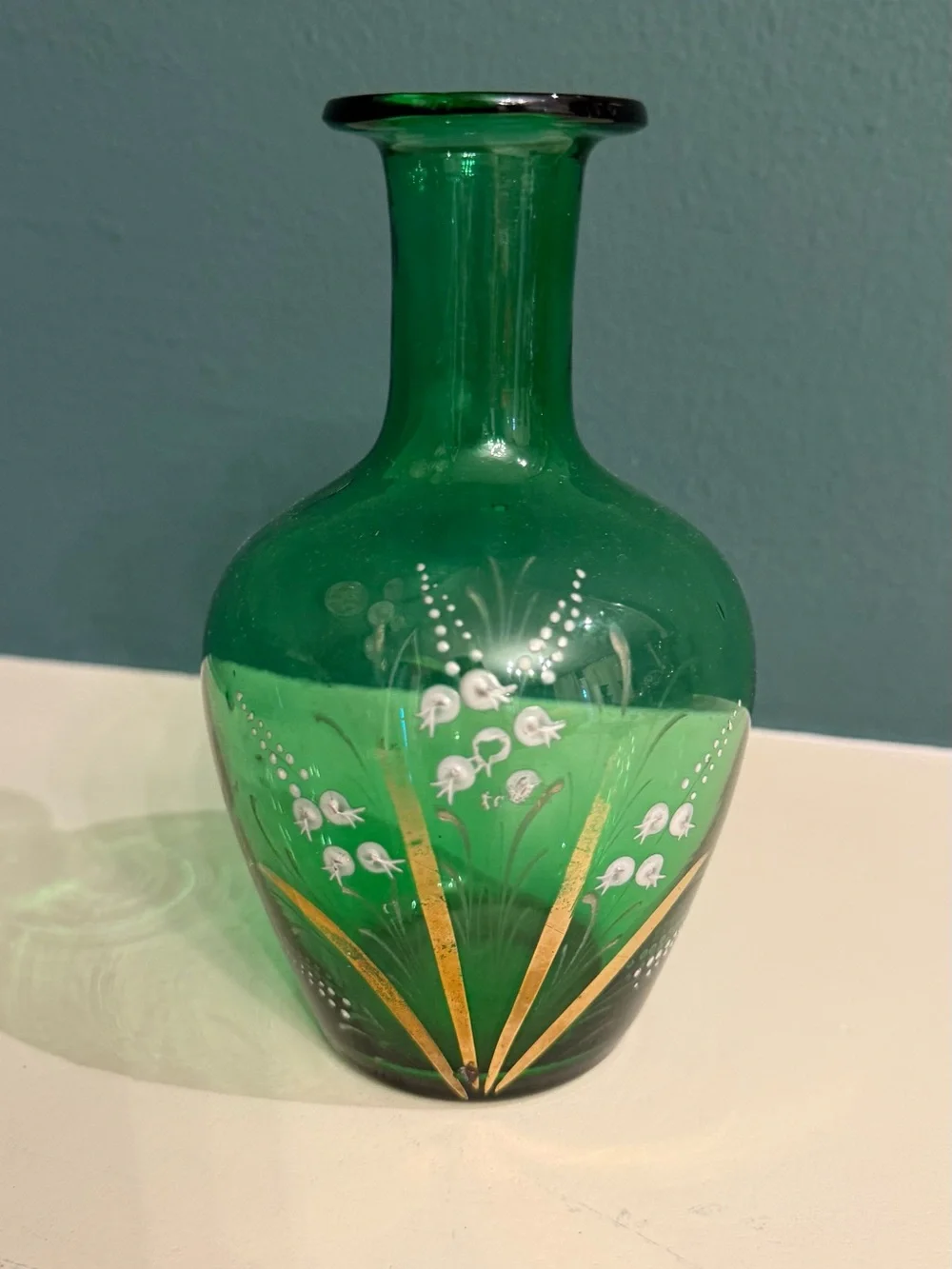 Vintage Bohemian Czech Emerald Green Glass Vase Hand Painted Enamel & Gold 7”